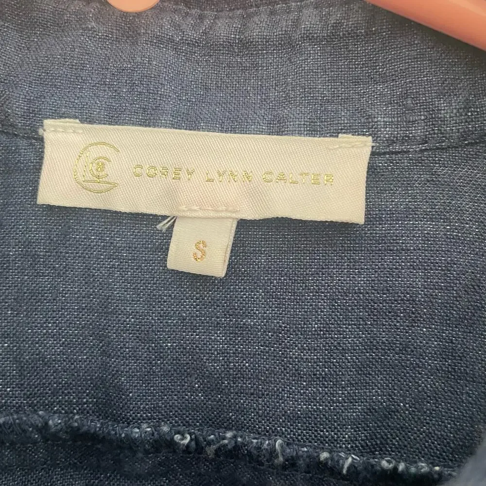 Women’s Corey Lynn Calter Blue Linen Button up Sleeveless Top with Ruffles.Small - Picture 7 of 8